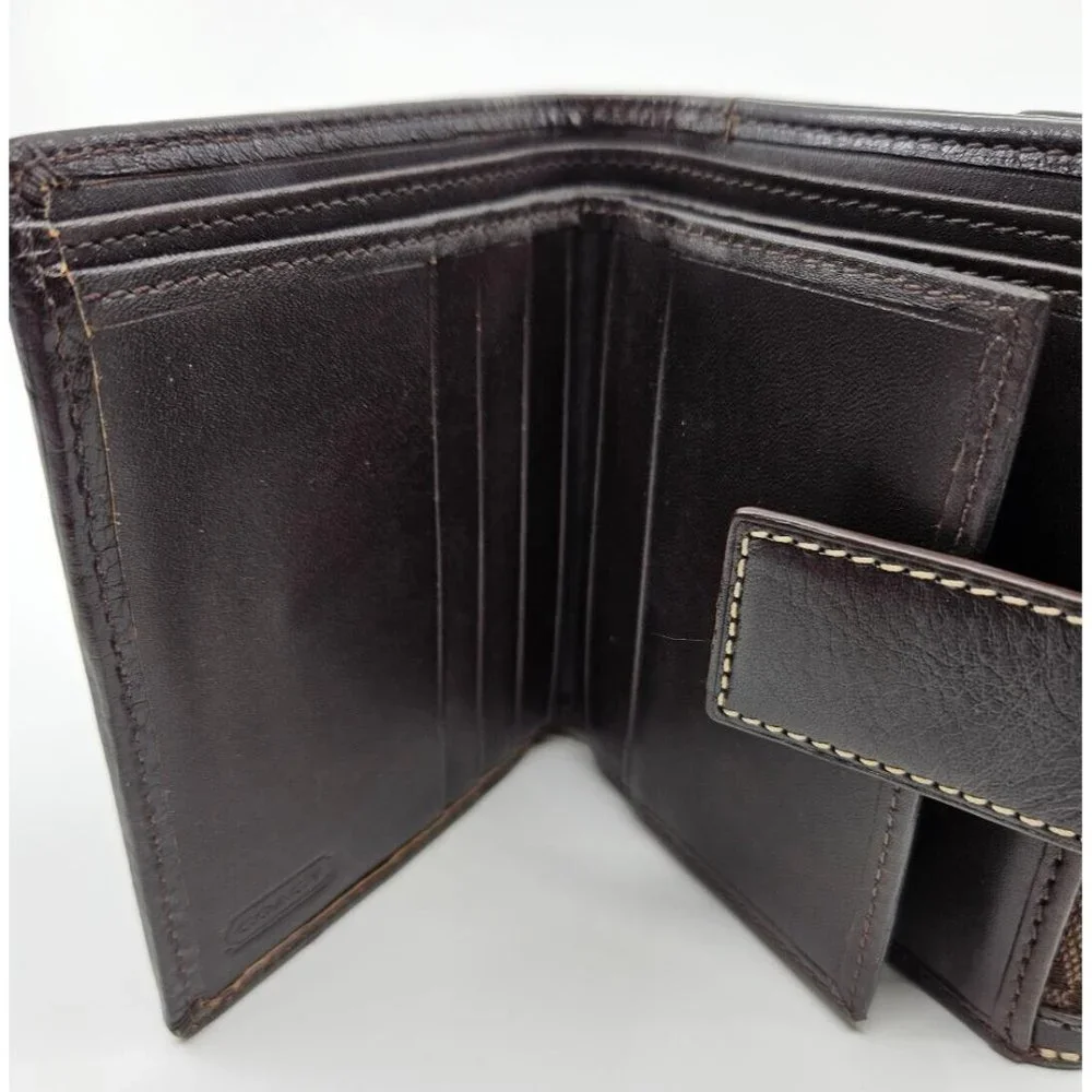 Coach Dark Chocolate Brown Signature Canvas Leather Tri-Fold Snap Wallet - Picture 8 of 13